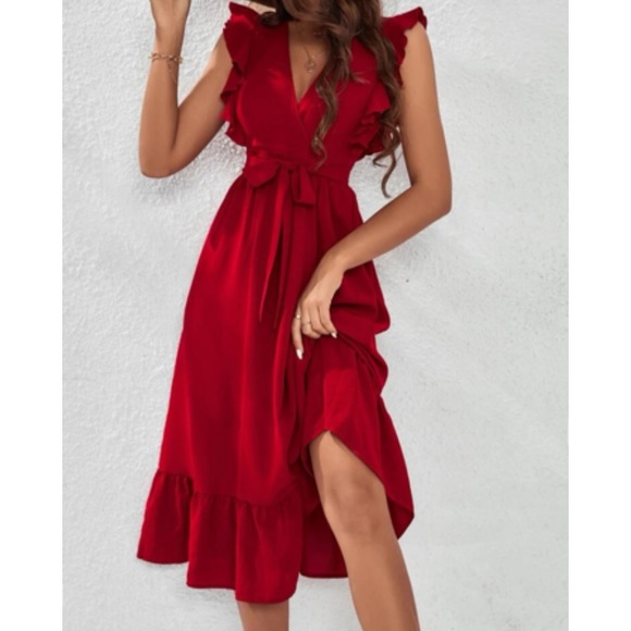 Lace Panel Ruffle Hem Belted Summer Boho Midi